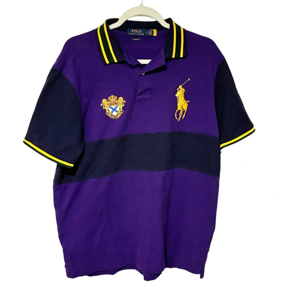 Ralph Lauren Purple & Navy Colorblock Polo with Yellow Crest